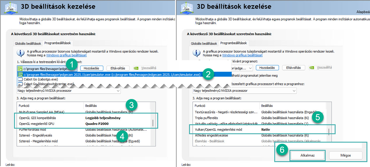 Simulator.exe alkalmazásra vonatkozó, alap beállítáosktól való eltérések