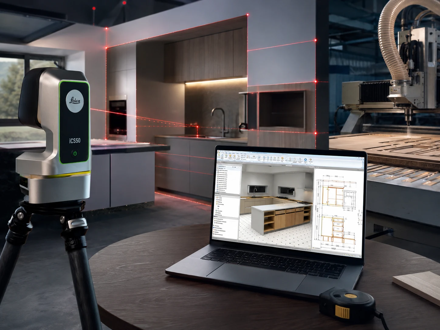 Digitális helyszíni felmérés Leica mérőrendszerrel, CABINET VISION bútortervezés és CNC gyártás-előkészítés